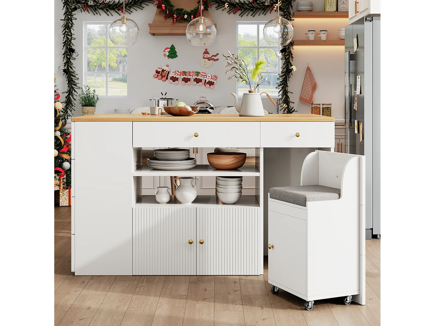 Ilot central de cuisine - Plateau extensible - 140x70x89cm - 3 portes et 6 tiroirs - avec tabourets - MDF - Blanc