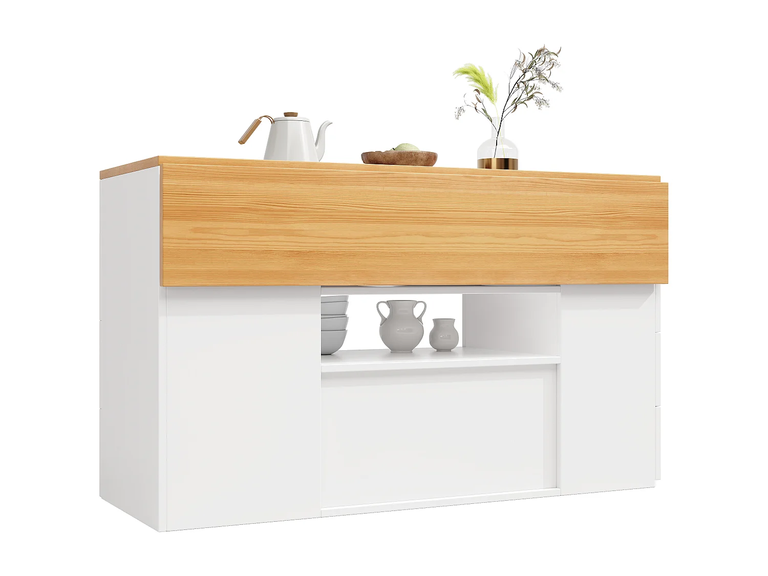 Ilot central de cuisine - Plateau extensible - 140x70x89cm - 3 portes et 6 tiroirs - avec tabourets - MDF - Blanc