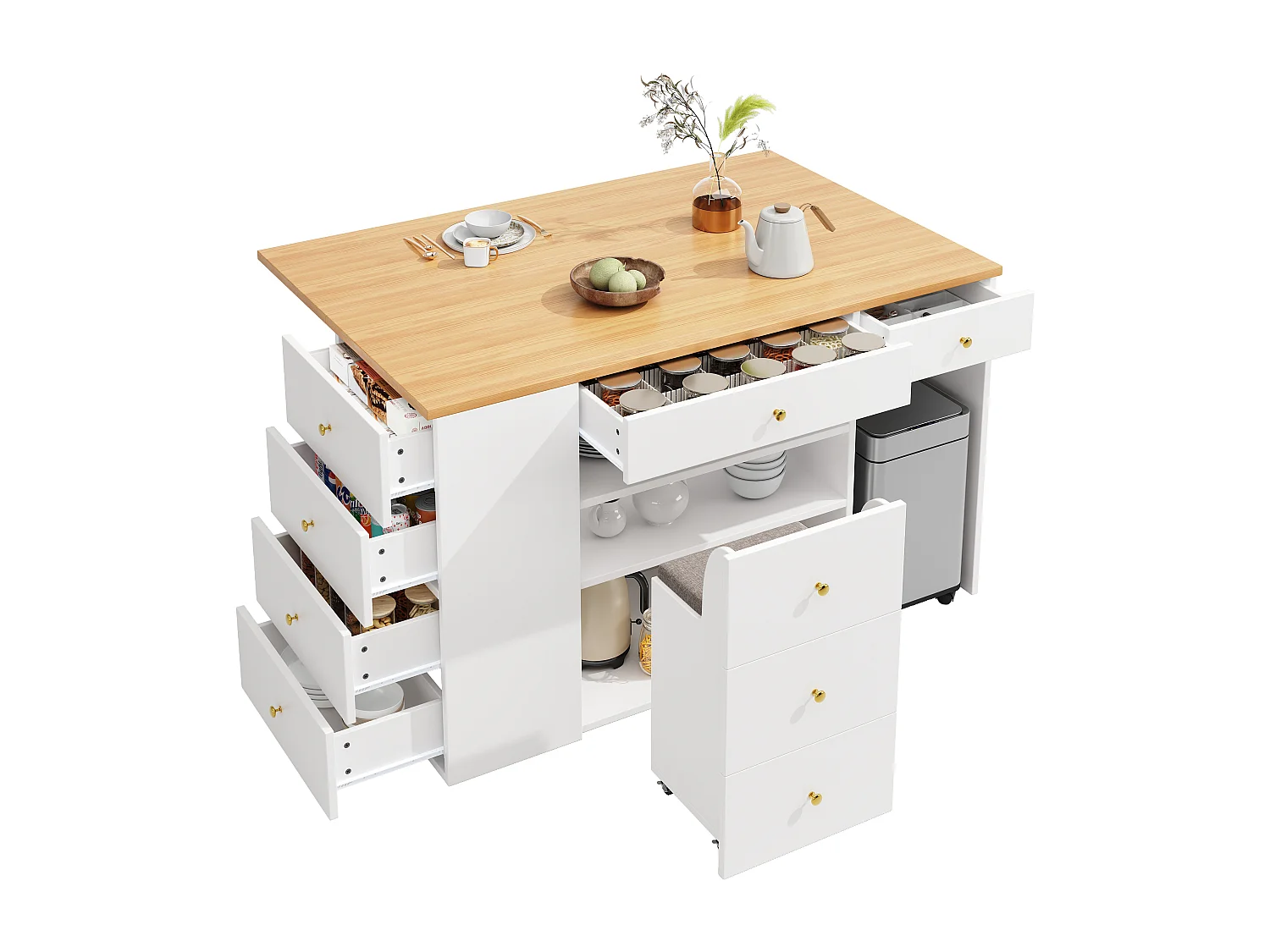 Ilot central de cuisine - Plateau extensible - 140x70x89cm - 3 portes et 6 tiroirs - avec tabourets - MDF - Blanc