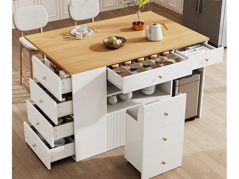 Ilot central de cuisine - Plateau extensible - 140x70x89cm - 3 portes et 6 tiroirs - avec tabourets - MDF - Blanc