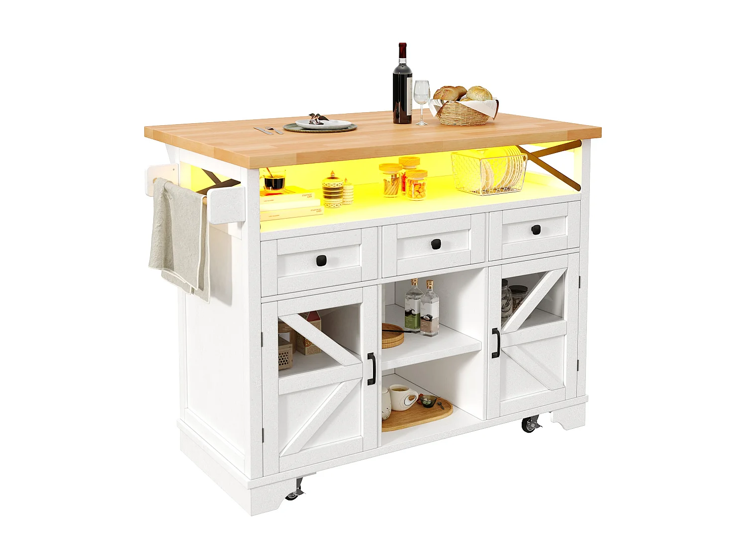 Ilot central de cuisine mobile - Plateau extensible - 120x71x98cm - avec LED - 2 portes et 3 tiroirs - étagères ouvertes - Blanc