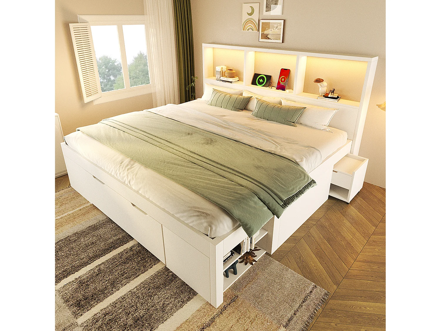 Lit simple 140x200cm - avec éclairage LED et USB-C - avec espace de rangement et table de chevet mobile - Blanc (matelas non inclus)