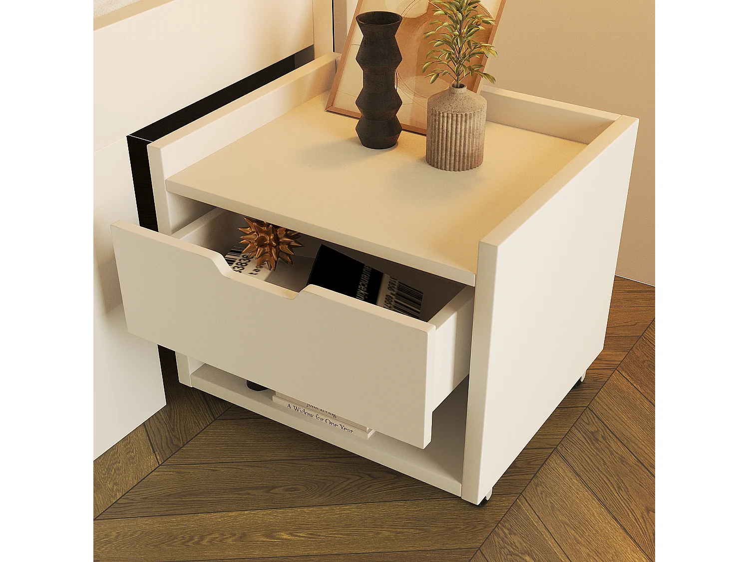 Lit simple 140x200cm - avec éclairage LED et USB-C - avec espace de rangement et table de chevet mobile - Blanc (matelas non inclus)