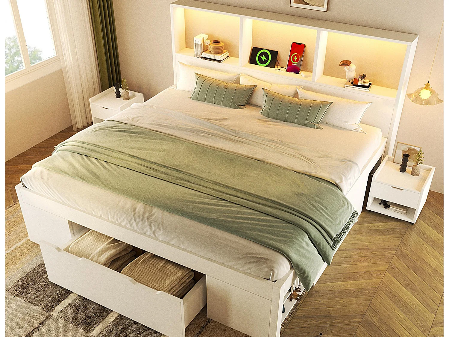 Lit double 140x190cm - avec éclairage LED et USB-C - avec espace de rangement et table de chevet mobile - Blanc (matelas non inclus)