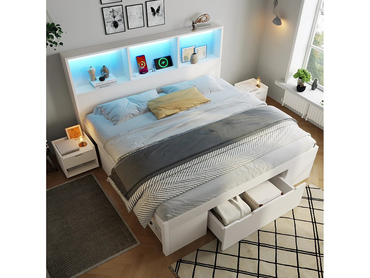 Lit double 140x190cm - avec éclairage LED et USB-C - avec espace de rangement et table de chevet mobile - Blanc (matelas non inclus)