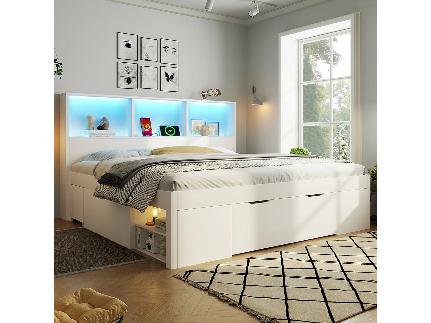 Lit double 140x190cm - avec éclairage LED et USB-C - avec espace de rangement et table de chevet mobile - Blanc (matelas non inclus)