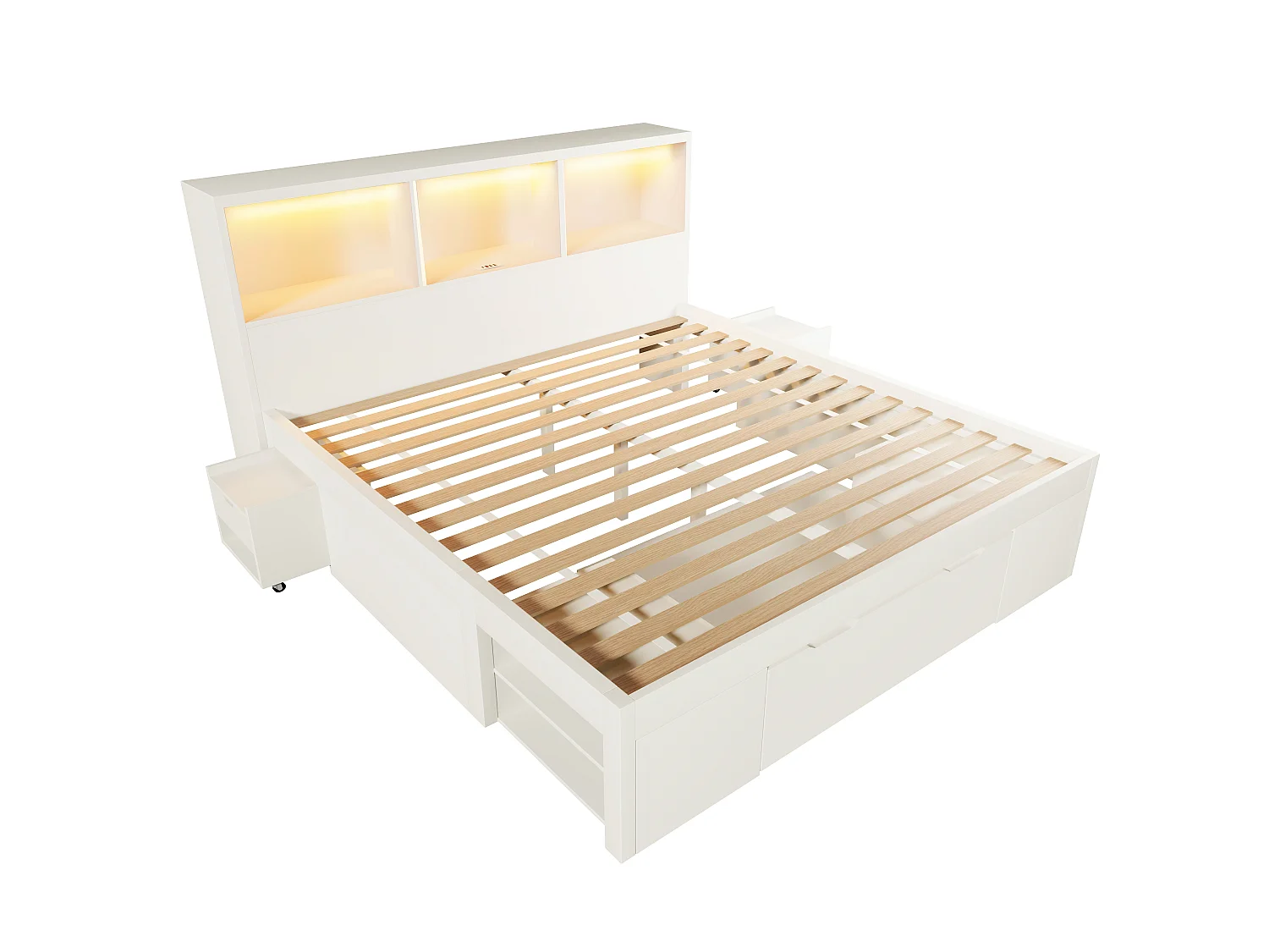 Lit double 140x190cm - avec éclairage LED et USB-C - avec espace de rangement et table de chevet mobile - Blanc (matelas non inclus)