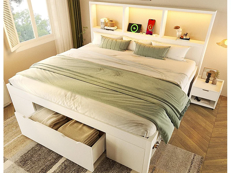 Letto singolo 140x190cm - con illuminazione LED e USB-C - con spazio di riporre e comodino mobile - Bianco​ (materasso non incluso)