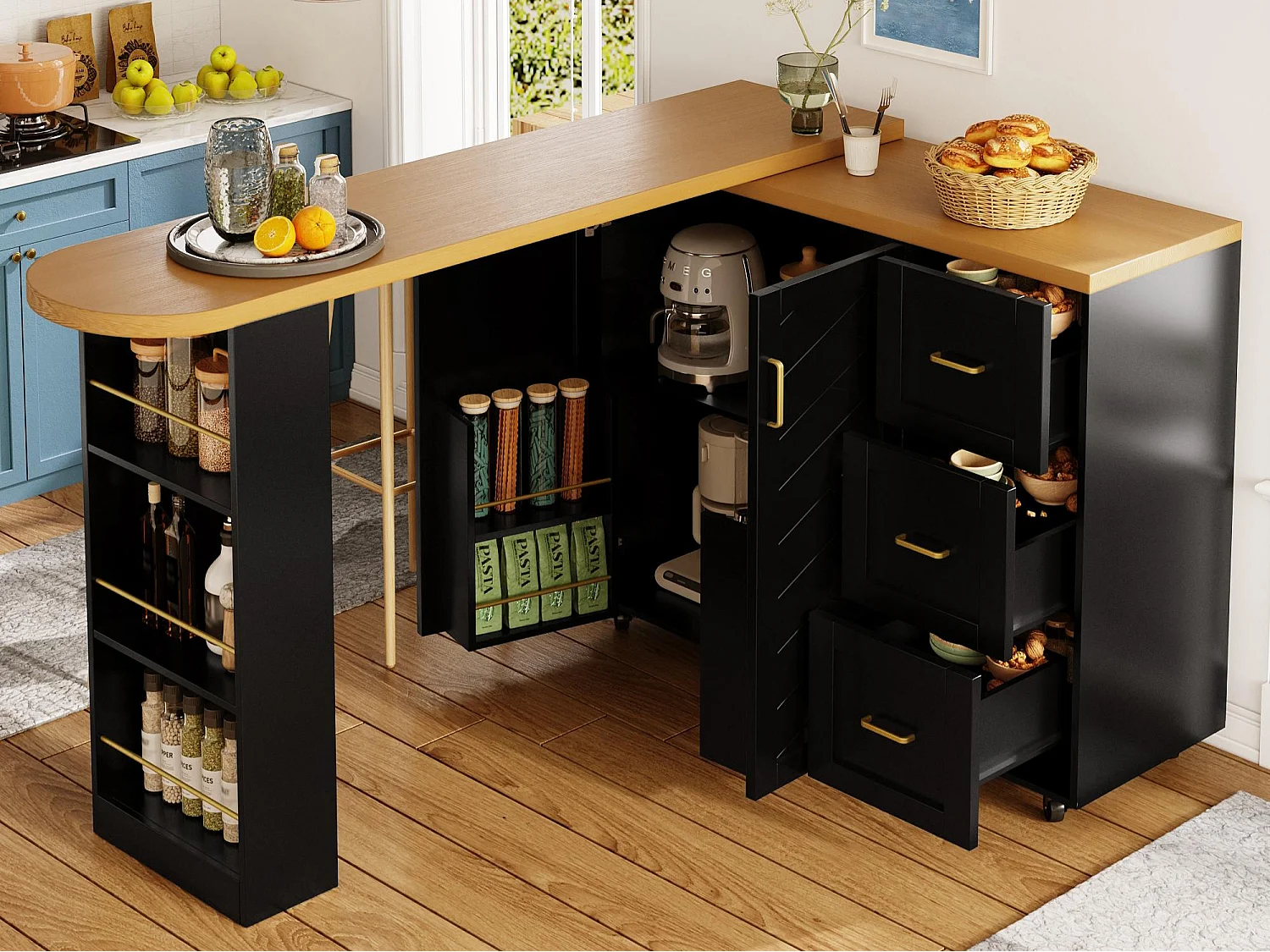 Ausziehbarer und drehbarer Bar-Schrank - drehbar - 228x39x104cm - mit 2 Türen und 3 Schubladen - mit Seitenregalen - Schwarz