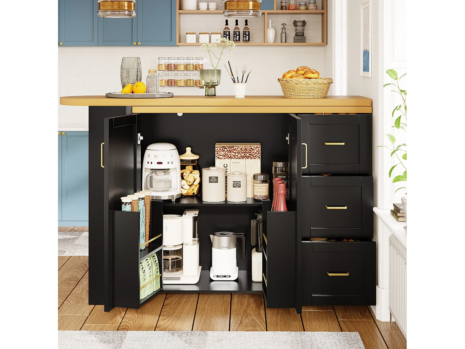 Ausziehbarer und drehbarer Bar-Schrank - drehbar - 228x39x104cm - mit 2 Türen und 3 Schubladen - mit Seitenregalen - Schwarz