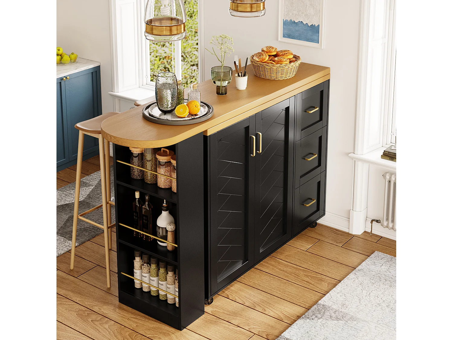 Ausziehbarer und drehbarer Bar-Schrank - drehbar - 228x39x104cm - mit 2 Türen und 3 Schubladen - mit Seitenregalen - Schwarz