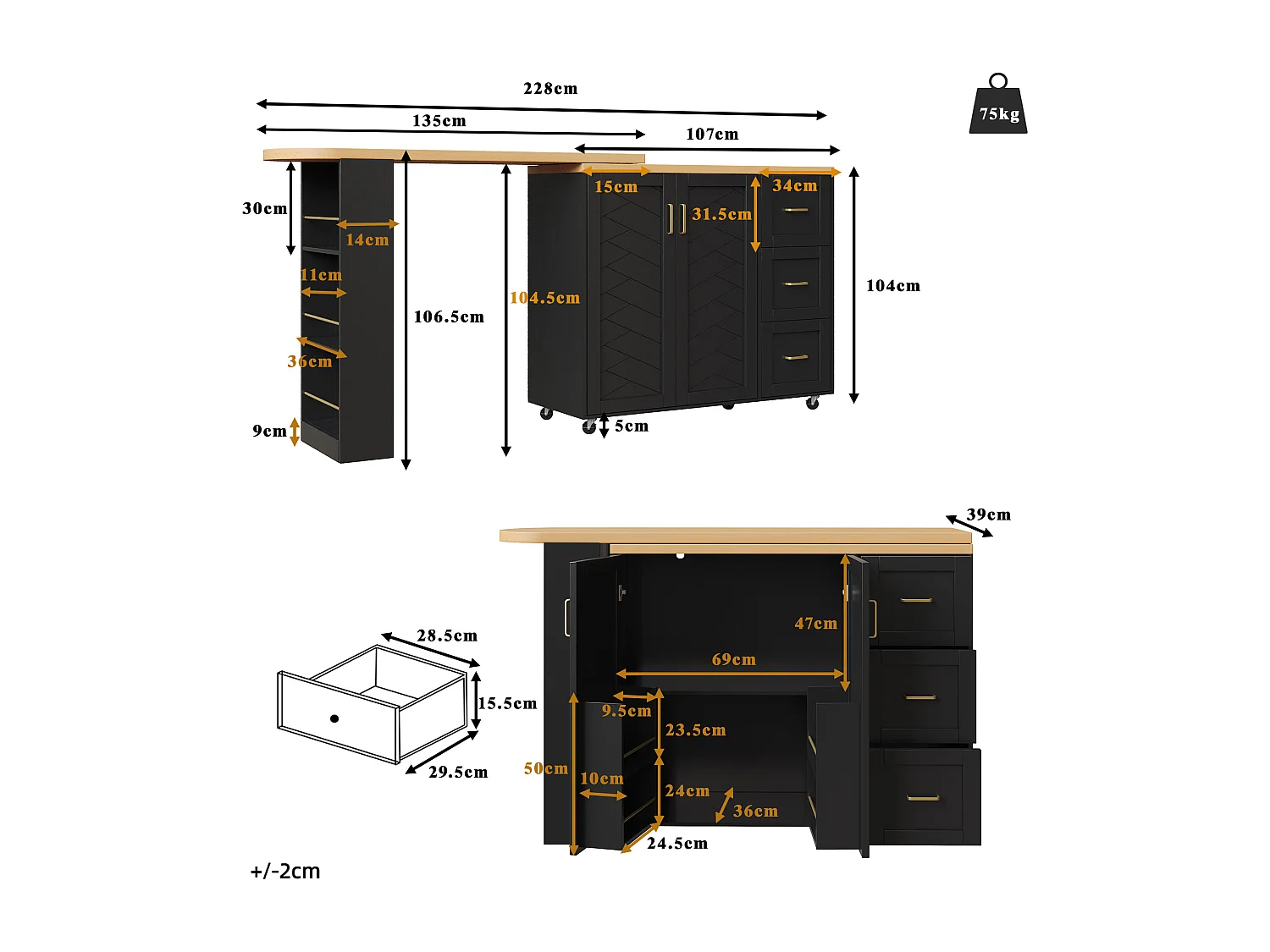 Ausziehbarer und drehbarer Bar-Schrank - drehbar - 228x39x104cm - mit 2 Türen und 3 Schubladen - mit Seitenregalen - Schwarz