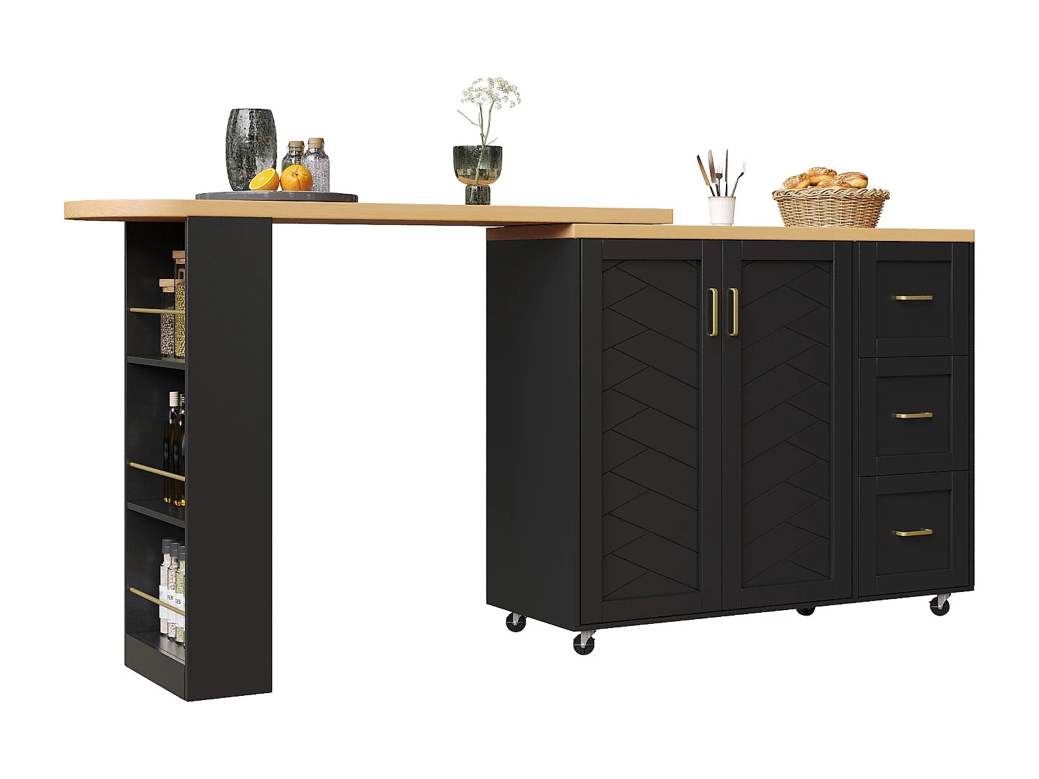 Ausziehbarer und drehbarer Bar-Schrank - drehbar - 228x39x104cm - mit 2 Türen und 3 Schubladen - mit Seitenregalen - Schwarz