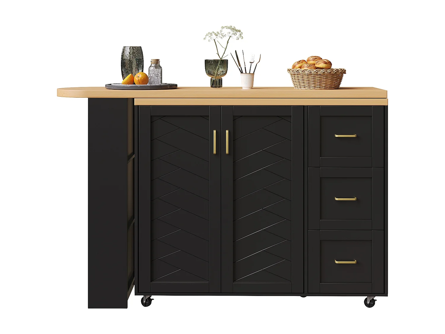 Ausziehbarer und drehbarer Bar-Schrank - drehbar - 228x39x104cm - mit 2 Türen und 3 Schubladen - mit Seitenregalen - Schwarz