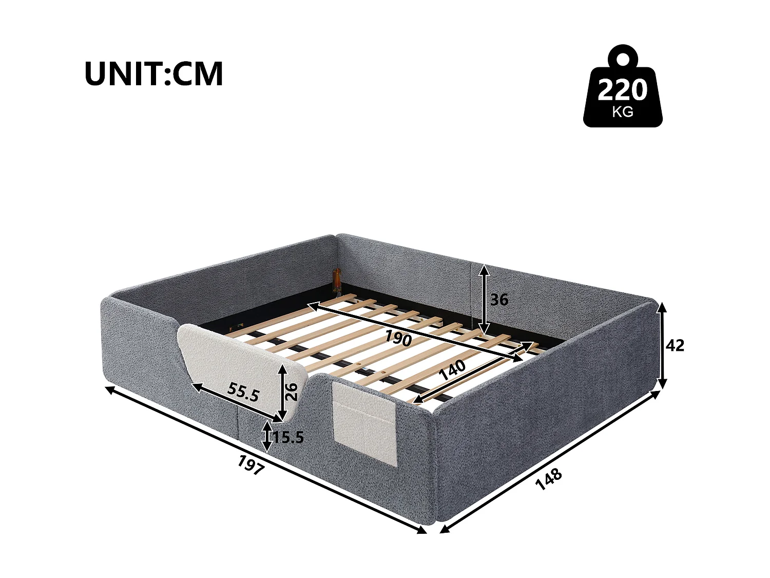 Tapicerowane łóżko dziecięce 140x190 cm - z wyjmowanymi barierkami bezpieczeństwa - z torbą do przechowywania - szary​ (materac nie jest wliczony w cenę)