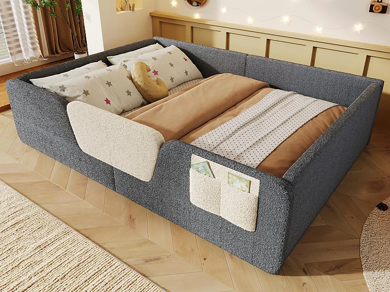 Lit enfant rembourré 140x190 cm - avec barrières de sécurité amovibles - avec sac de rangement - gris (matelas non inclus)