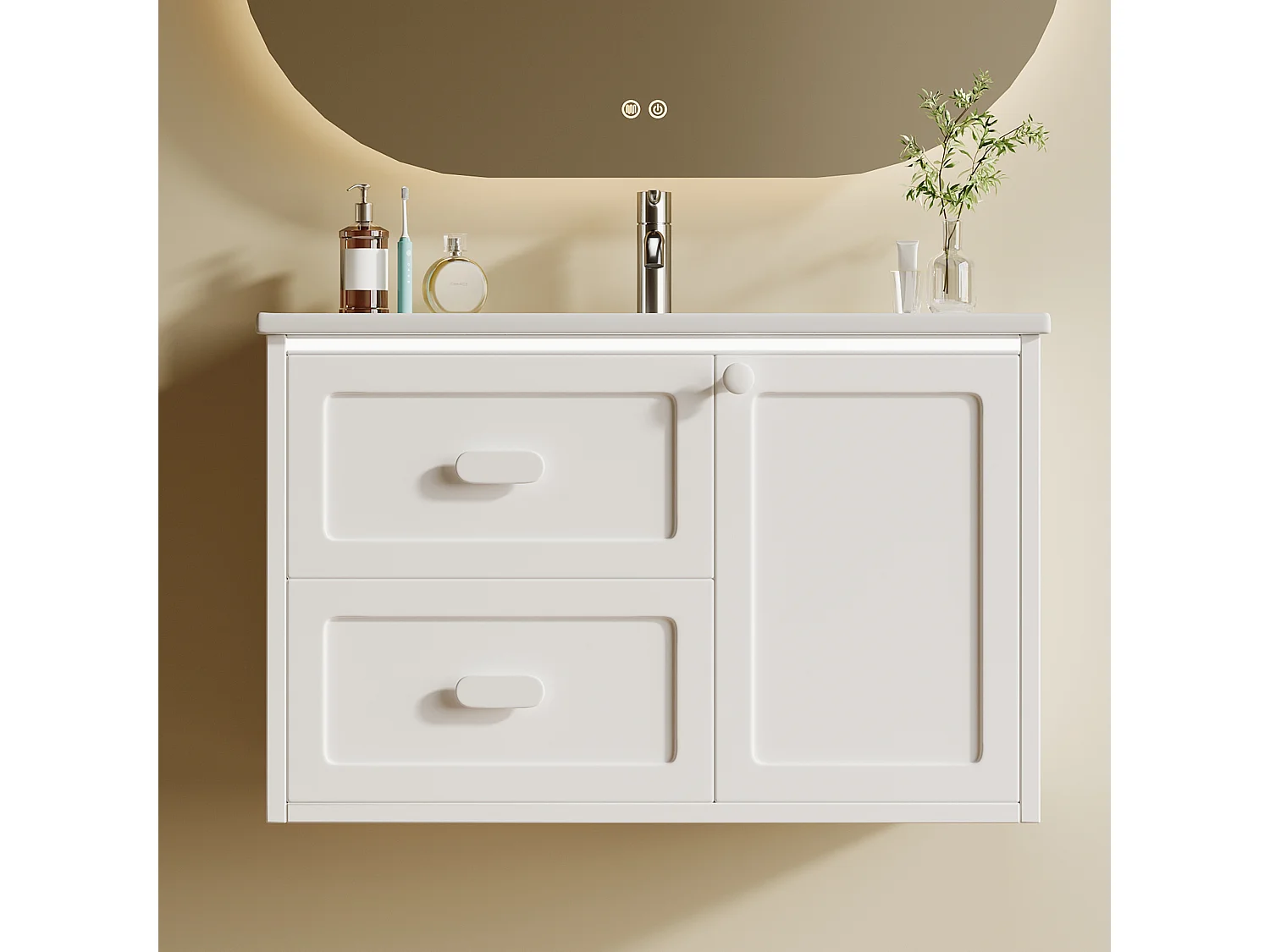 Wiszący mebel łazienkowy 76x46x51 cm - z ceramiczna umywalką - 2 szuflady i 1 drzwi - z LED - Biały