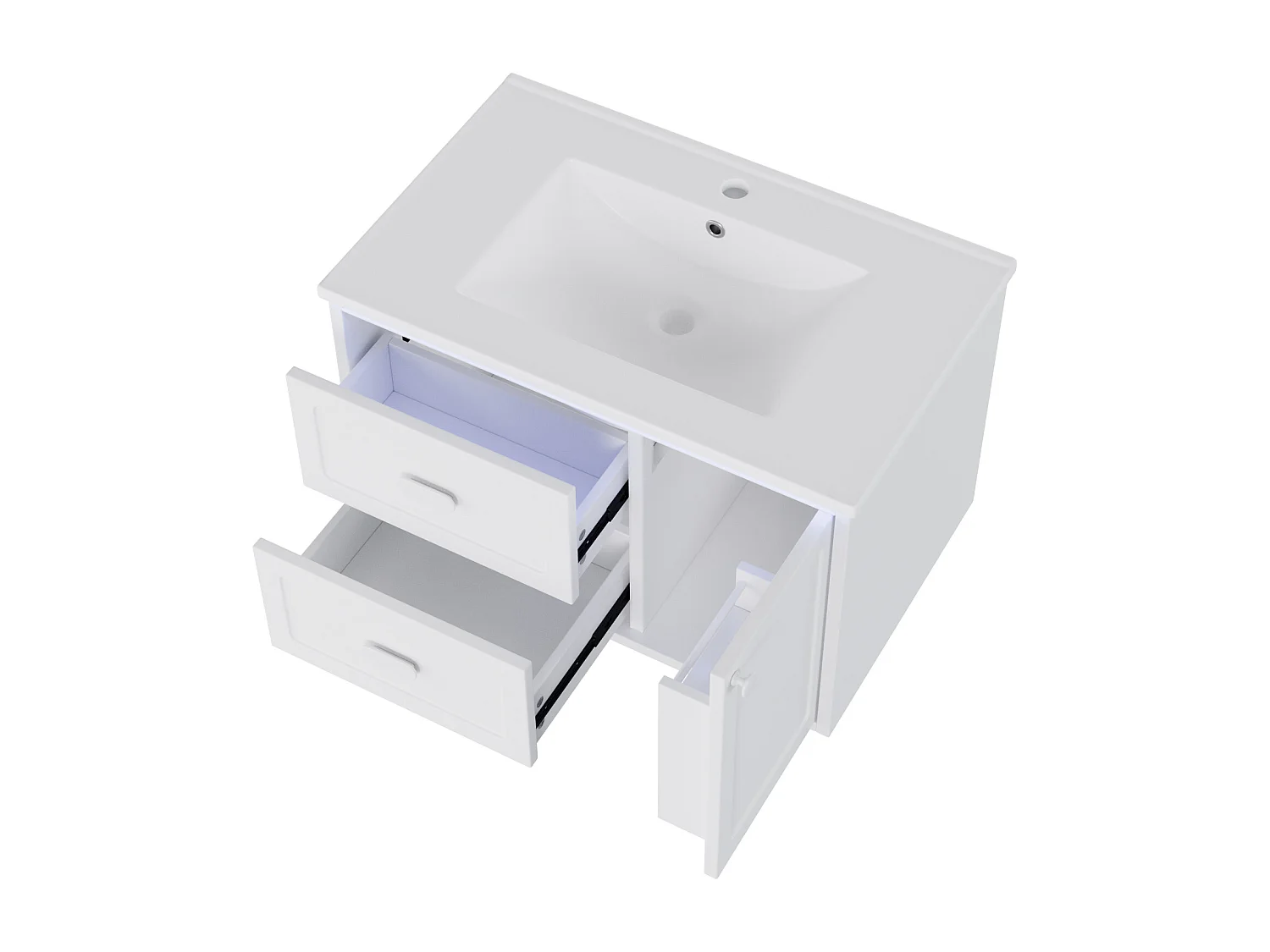 Wiszący mebel łazienkowy 76x46x51 cm - z ceramiczna umywalką - 2 szuflady i 1 drzwi - z LED - Biały