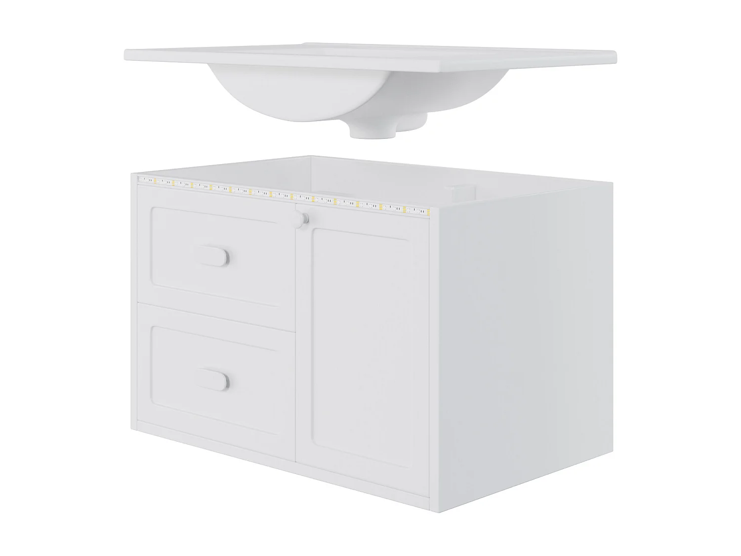 Wiszący mebel łazienkowy 76x46x51 cm - z ceramiczna umywalką - 2 szuflady i 1 drzwi - z LED - Biały