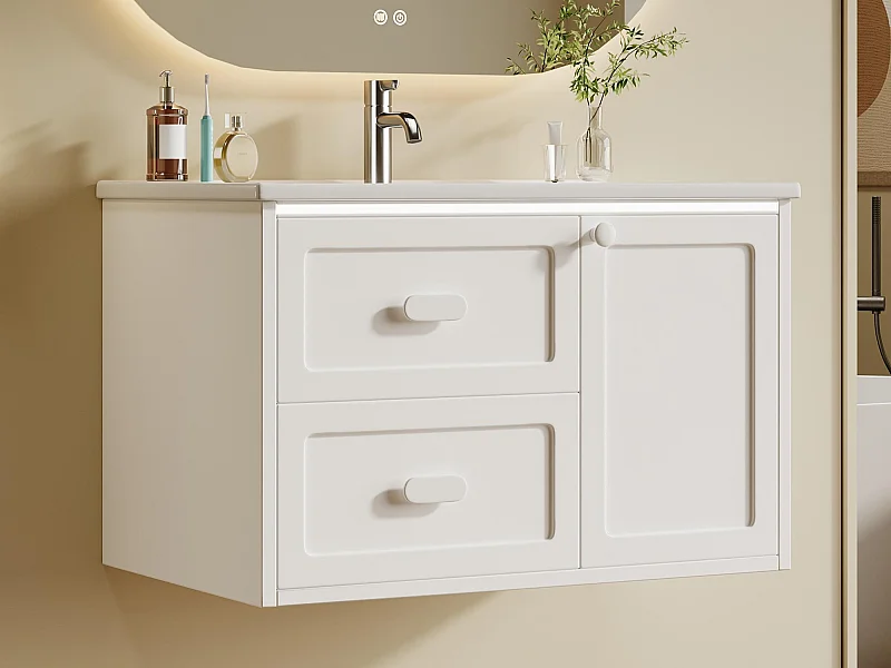Wiszący mebel łazienkowy 76x46x51 cm - z ceramiczna umywalką - 2 szuflady i 1 drzwi - z LED - Biały