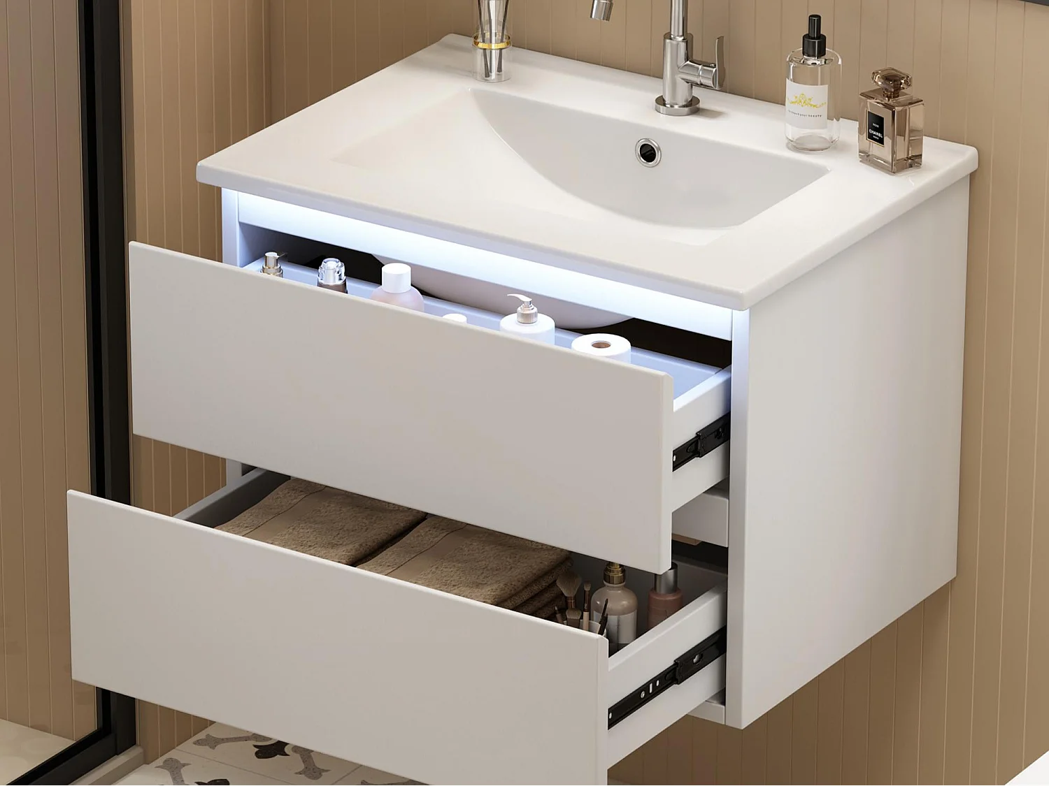 Wiszący mebel łazienkowy 61x46x45 cm - z ceramiczna umywalką - Oświetlenie LED - 2 szuflady - Biały