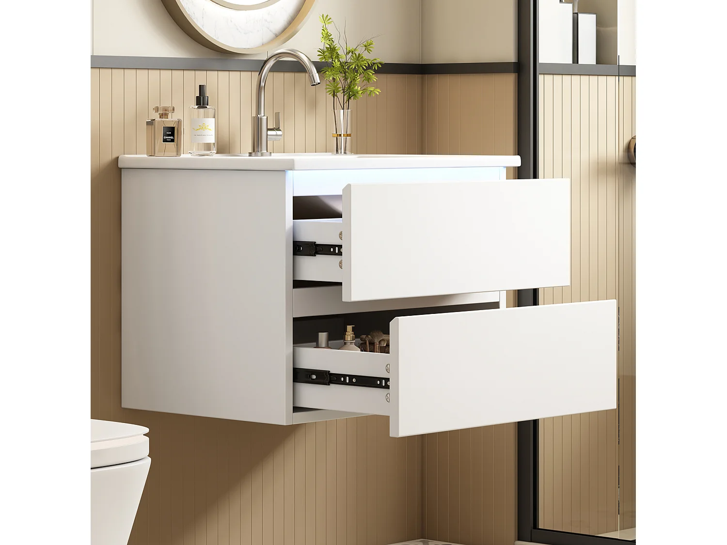 Wiszący mebel łazienkowy 61x46x45 cm - z ceramiczna umywalką - Oświetlenie LED - 2 szuflady - Biały