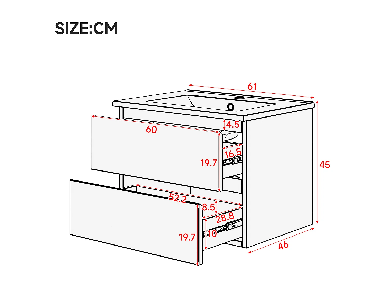 Wiszący mebel łazienkowy 61x46x45 cm - z ceramiczna umywalką - Oświetlenie LED - 2 szuflady - Biały