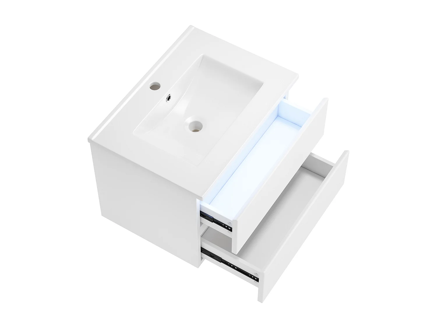 Wiszący mebel łazienkowy 61x46x45 cm - z ceramiczna umywalką - Oświetlenie LED - 2 szuflady - Biały