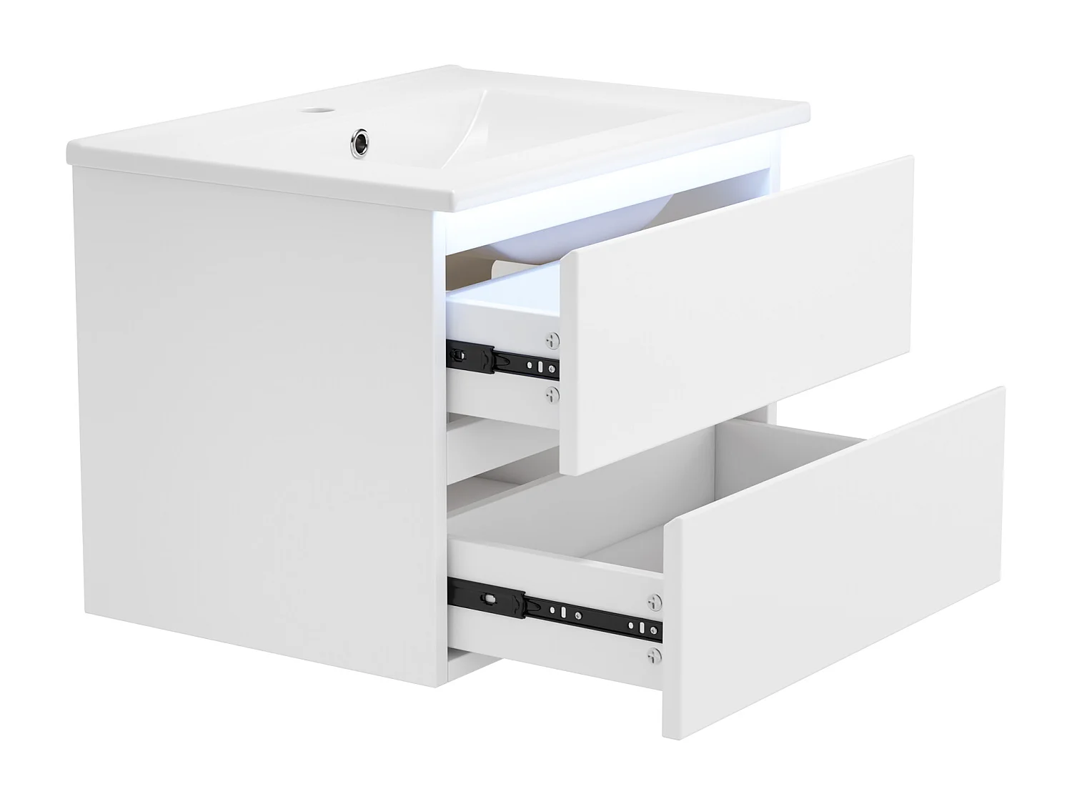 Wiszący mebel łazienkowy 61x46x45 cm - z ceramiczna umywalką - Oświetlenie LED - 2 szuflady - Biały