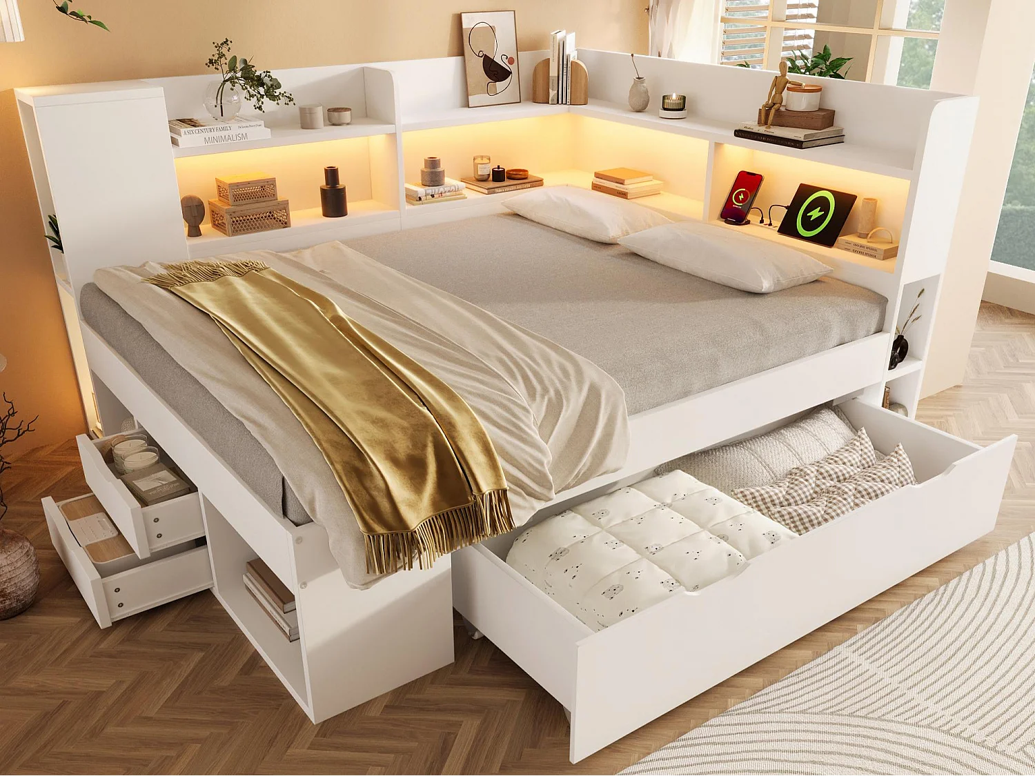 Canapé-lit 140x200cm - avec LED - avec USB/Type-C - avec des compartiments de rangement et des tiroirs - blanc (matelas non inclus)