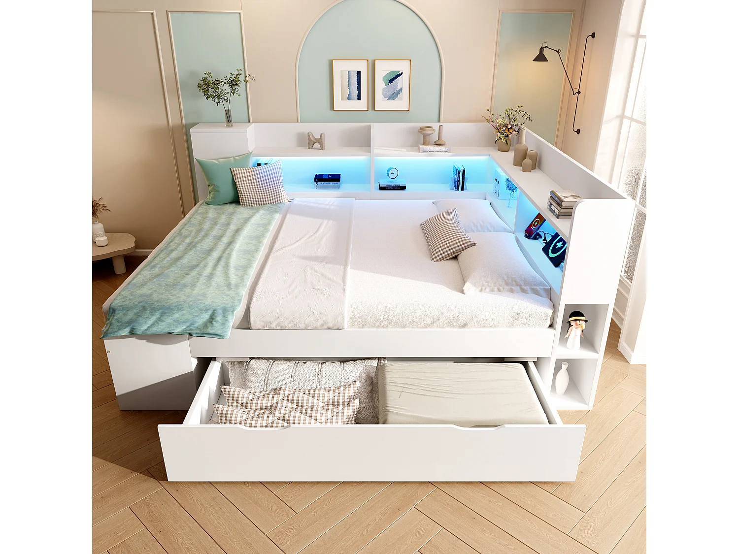 Canapé-lit 140x200cm - avec LED - avec USB/Type-C - avec des compartiments de rangement et des tiroirs - blanc (matelas non inclus)