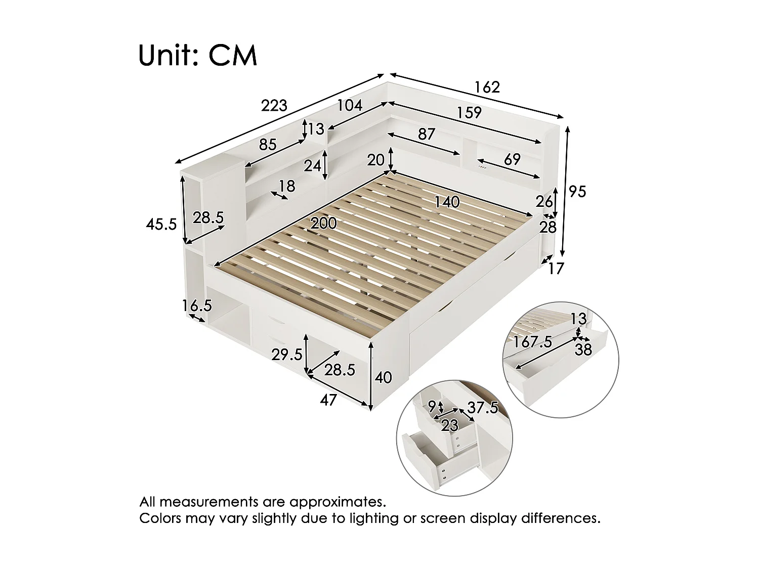 Canapé-lit 140x200cm - avec LED - avec USB/Type-C - avec des compartiments de rangement et des tiroirs - blanc (matelas non inclus)