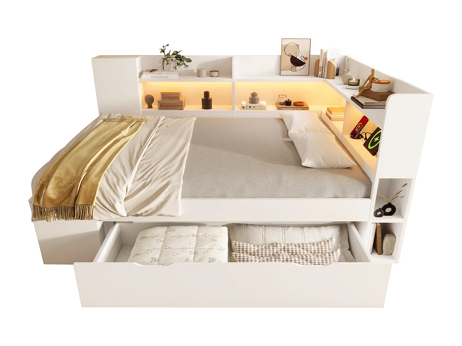 Canapé-lit 140x200cm - avec LED - avec USB/Type-C - avec des compartiments de rangement et des tiroirs - blanc (matelas non inclus)