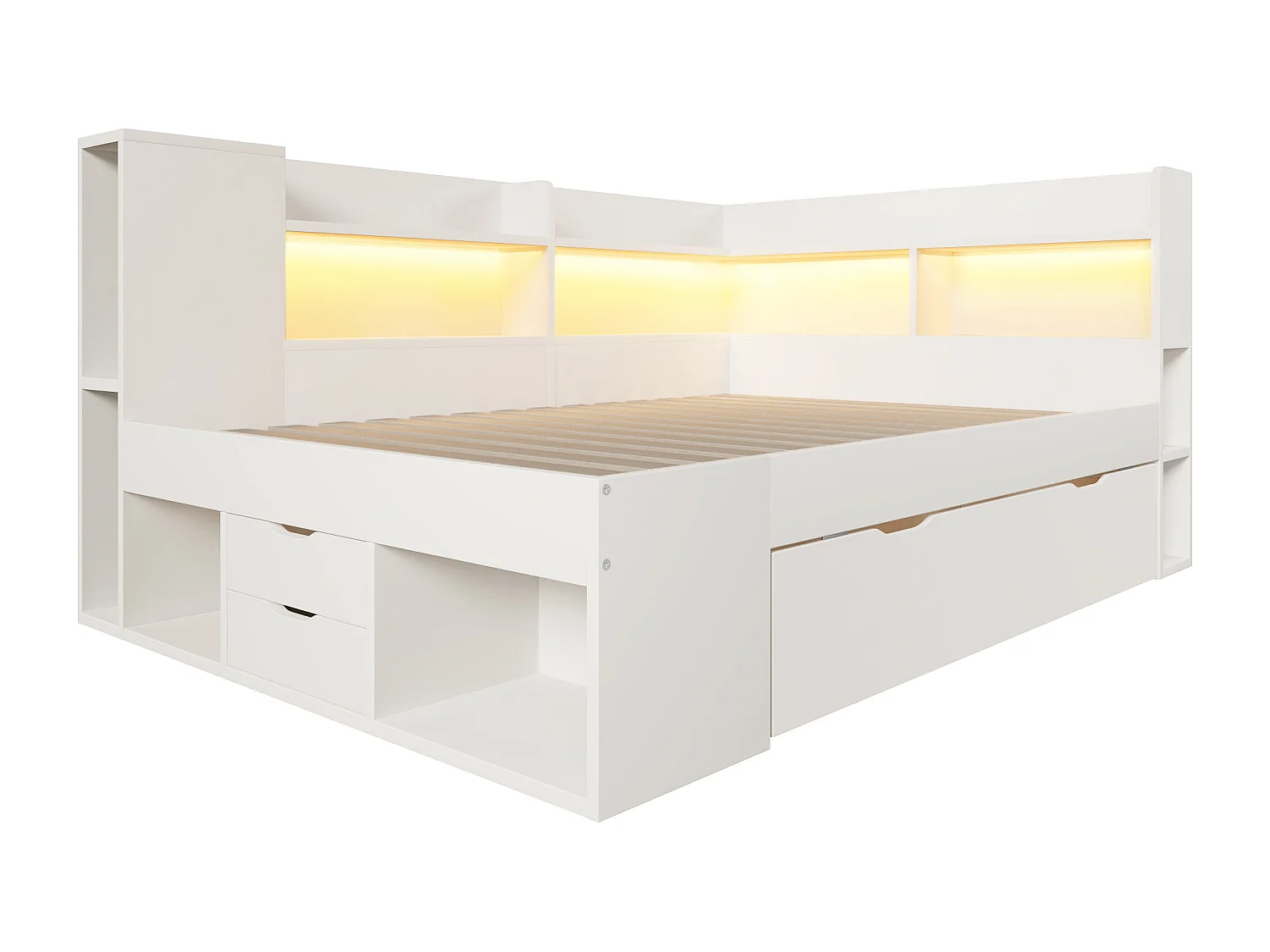 Canapé-lit 140x200cm - avec LED - avec USB/Type-C - avec des compartiments de rangement et des tiroirs - blanc (matelas non inclus)