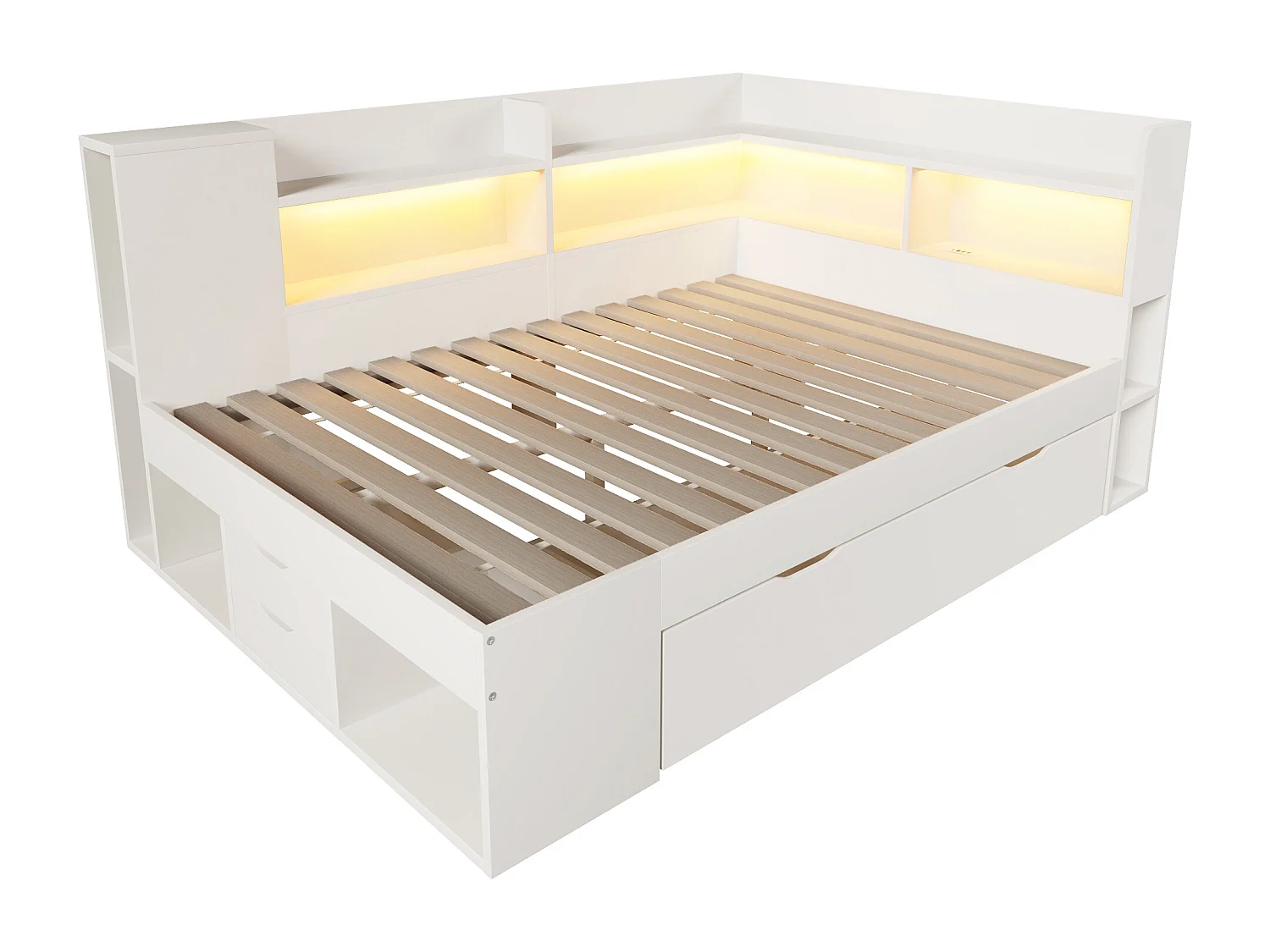 Canapé-lit 140x200cm - avec LED - avec USB/Type-C - avec des compartiments de rangement et des tiroirs - blanc (matelas non inclus)
