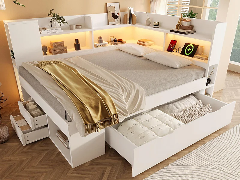 Canapé-lit 140x200cm - avec LED - avec USB/Type-C - avec des compartiments de rangement et des tiroirs - blanc (matelas non inclus)