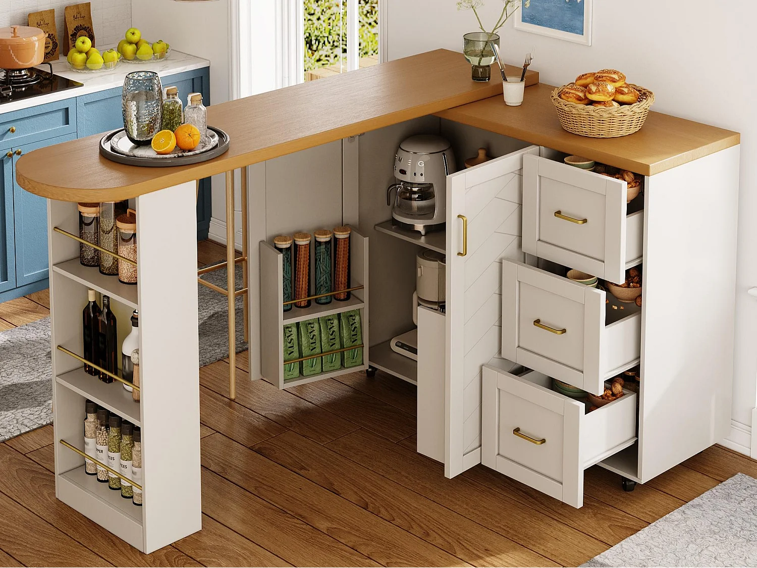 Ausziehbarer und drehbarer Bar-Schrank - drehbar - 228x39x104cm - mit 2 Türen und 3 Schubladen - mit Seitenregalen - Weiß