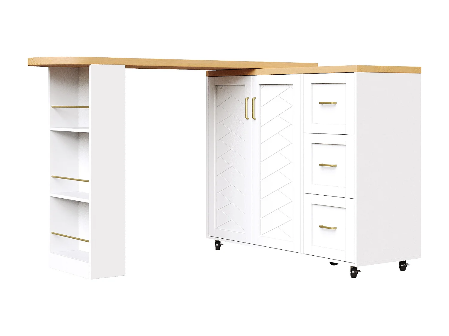 Ausziehbarer und drehbarer Bar-Schrank - drehbar - 228x39x104cm - mit 2 Türen und 3 Schubladen - mit Seitenregalen - Weiß