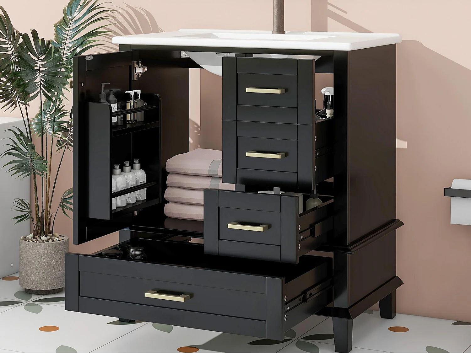 Meuble de salle de bain sur pied - avec une vasque en céramique - 1 porte et 3 tiroirs - Noir(robinet non inclus)