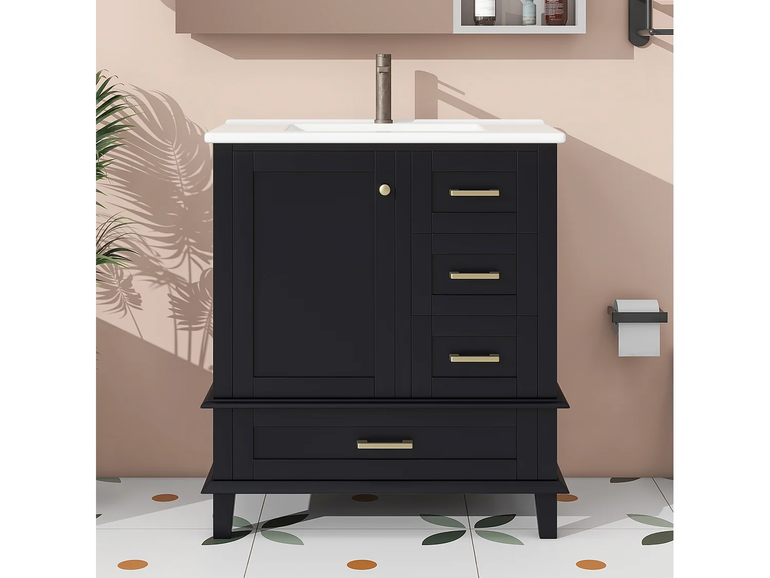 Meuble de salle de bain sur pied - avec une vasque en céramique - 1 porte et 3 tiroirs - Noir(robinet non inclus)