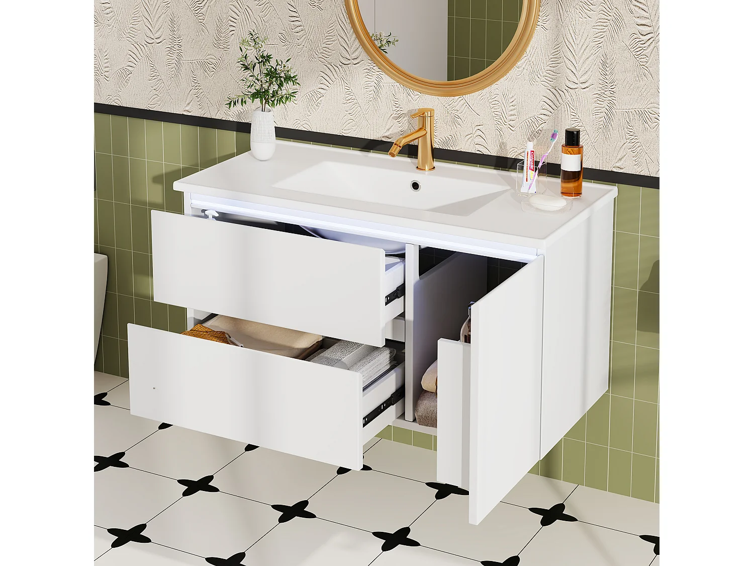 Wiszący mebel łazienkowy 91x46,5x50,5 cm - z ceramiczna umywalką - z oświetleniem LED - 2 szuflady i 1 drzwi - Biały