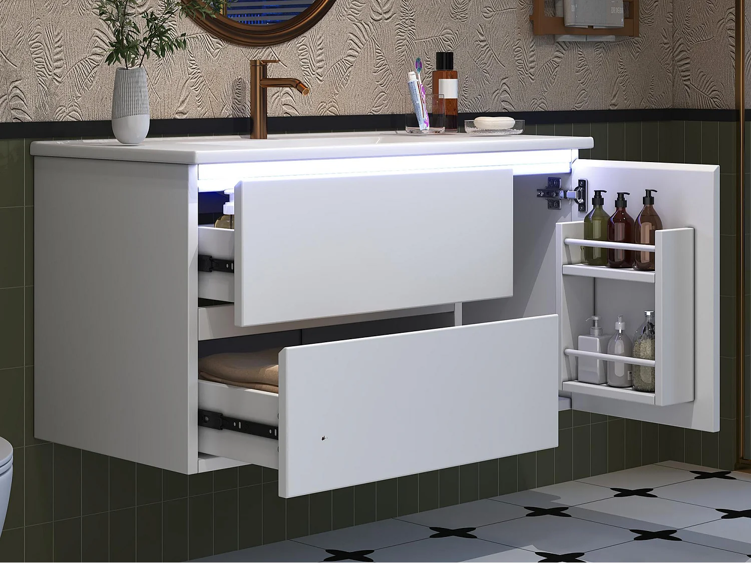 Wiszący mebel łazienkowy 91x46,5x50,5 cm - z ceramiczna umywalką - z oświetleniem LED - 2 szuflady i 1 drzwi - Biały