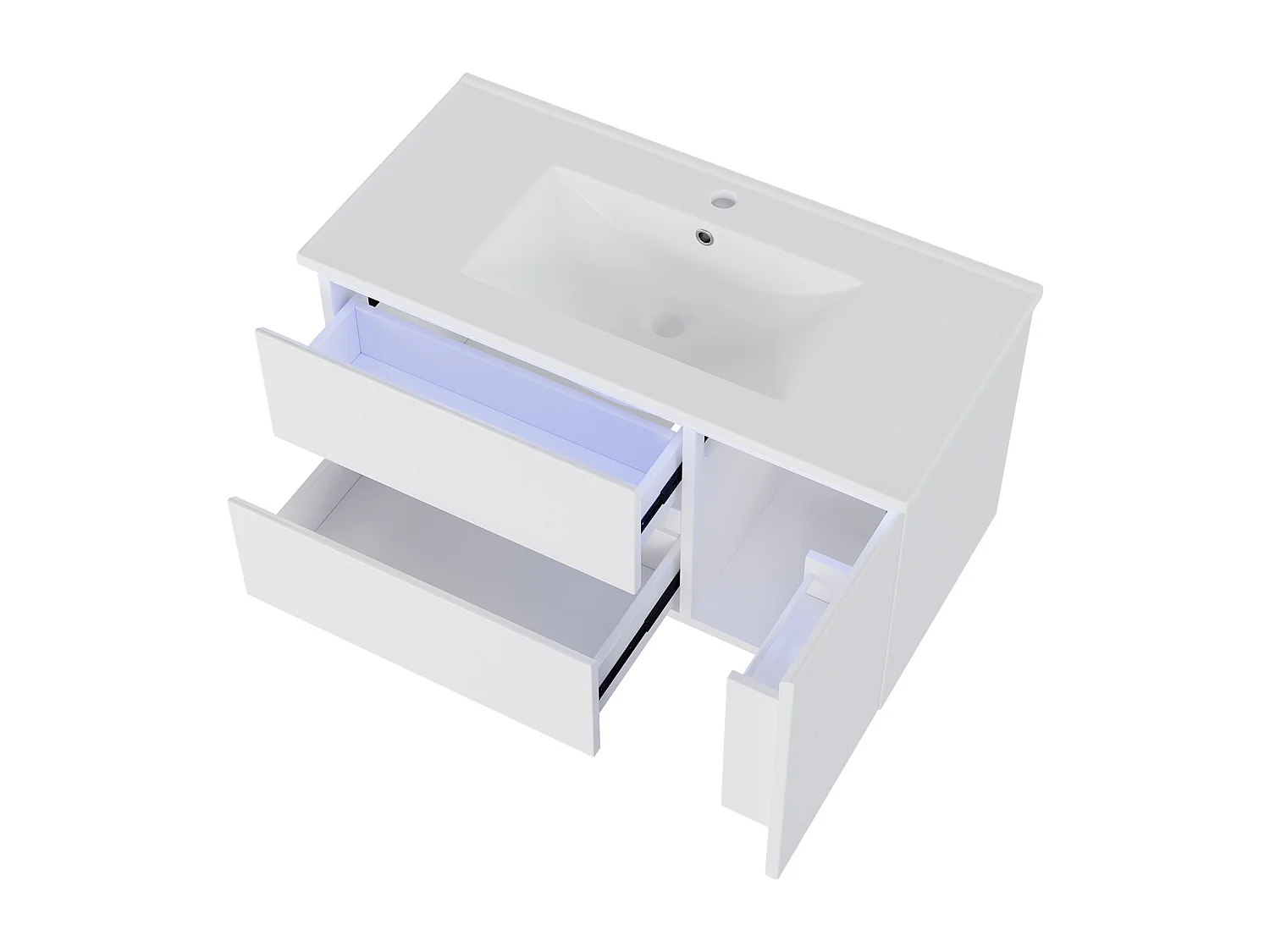 Wiszący mebel łazienkowy 91x46,5x50,5 cm - z ceramiczna umywalką - z oświetleniem LED - 2 szuflady i 1 drzwi - Biały