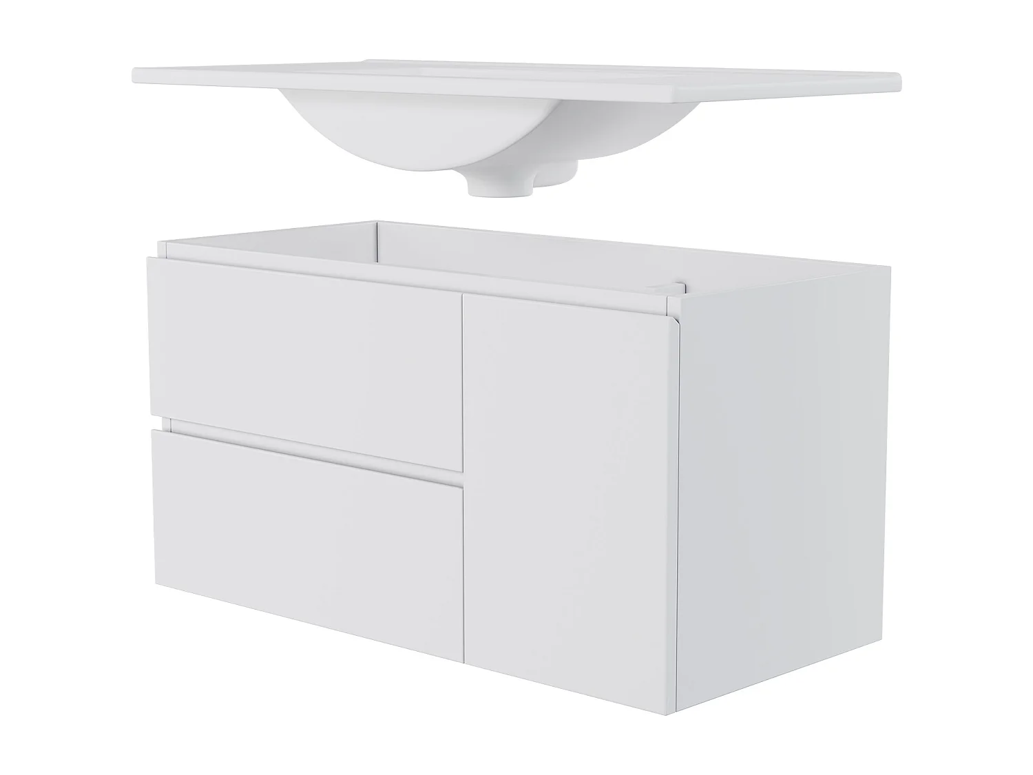 Wiszący mebel łazienkowy 91x46,5x50,5 cm - z ceramiczna umywalką - z oświetleniem LED - 2 szuflady i 1 drzwi - Biały