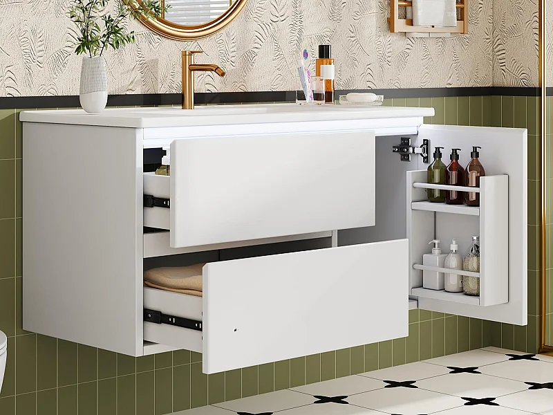 Wiszący mebel łazienkowy 91x46,5x50,5 cm - z ceramiczna umywalką - z oświetleniem LED - 2 szuflady i 1 drzwi - Biały