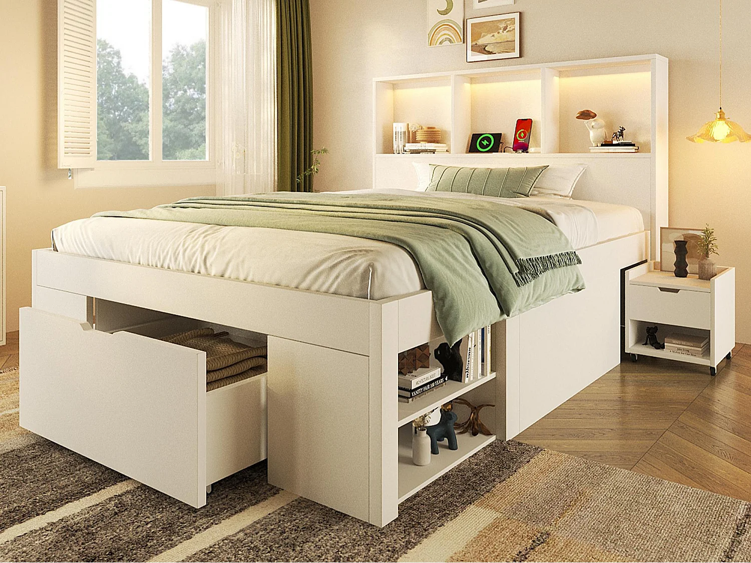 Lit simple 90x200cm - avec éclairage LED et USB-C - avec espace de rangement et table de chevet mobile - Blanc (matelas non inclus)