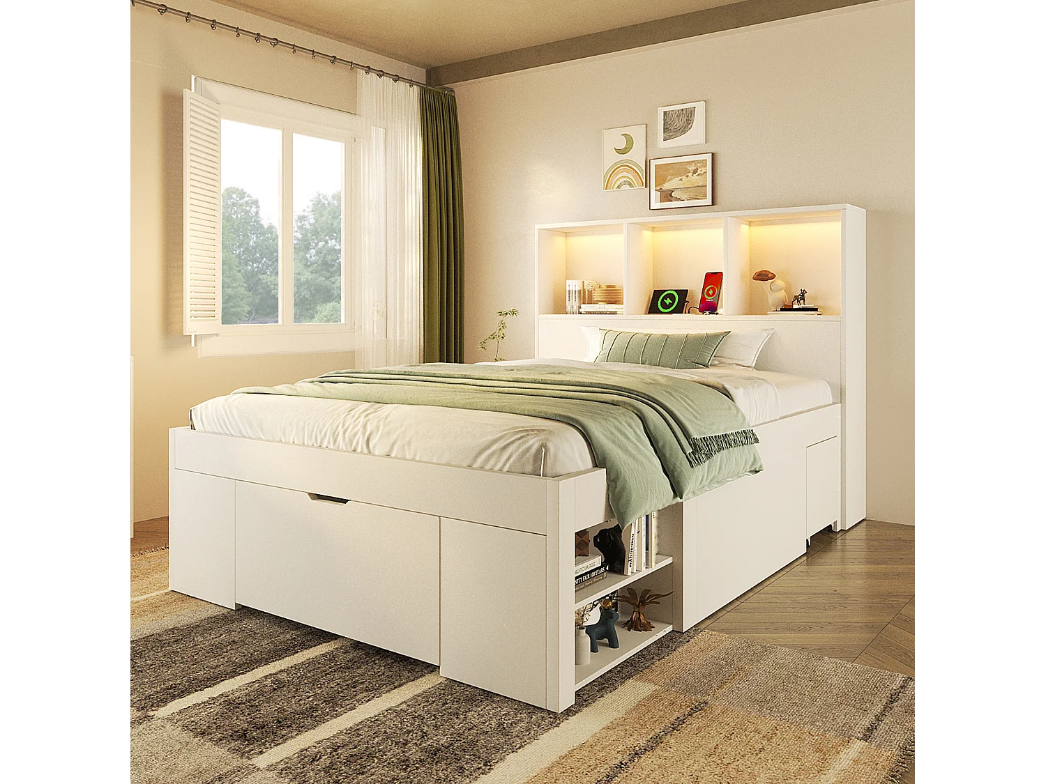 Lit simple 90x200cm - avec éclairage LED et USB-C - avec espace de rangement et table de chevet mobile - Blanc (matelas non inclus)