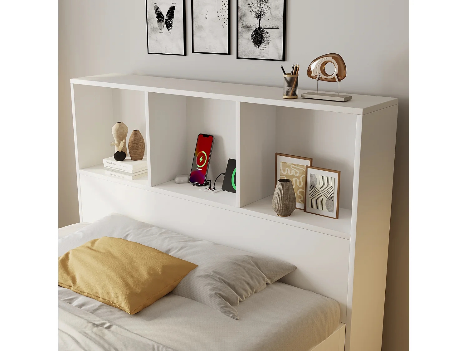 Lit simple 90x200cm - avec éclairage LED et USB-C - avec espace de rangement et table de chevet mobile - Blanc (matelas non inclus)