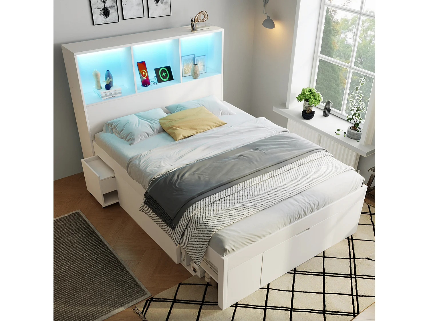 Lit simple 90x200cm - avec éclairage LED et USB-C - avec espace de rangement et table de chevet mobile - Blanc (matelas non inclus)