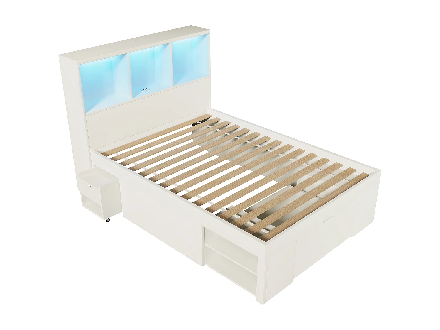 Lit simple 90x200cm - avec éclairage LED et USB-C - avec espace de rangement et table de chevet mobile - Blanc (matelas non inclus)